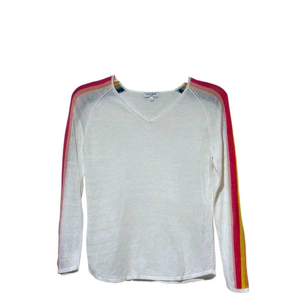 Estheme Paris Linen Top L Rainbow Stripes V Neck Retro Minimalist 100% Linen